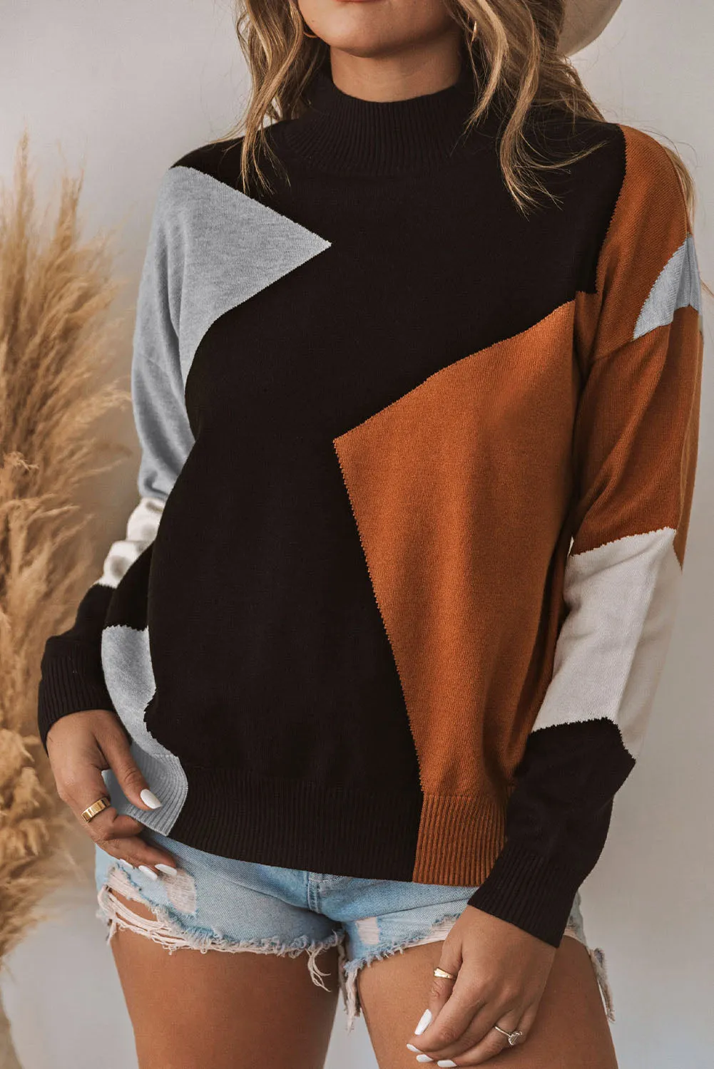 Mock Neck Drop Shoulder Knit Sweater