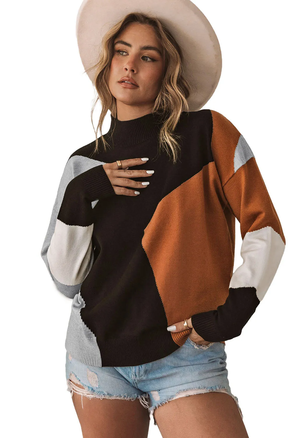 Mock Neck Drop Shoulder Knit Sweater