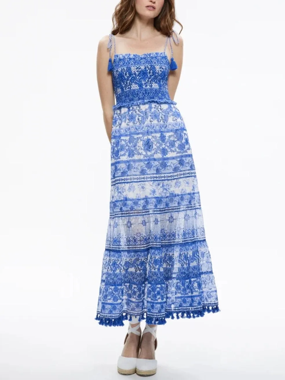Monnie smocked tiered midi dress in Greek tile
