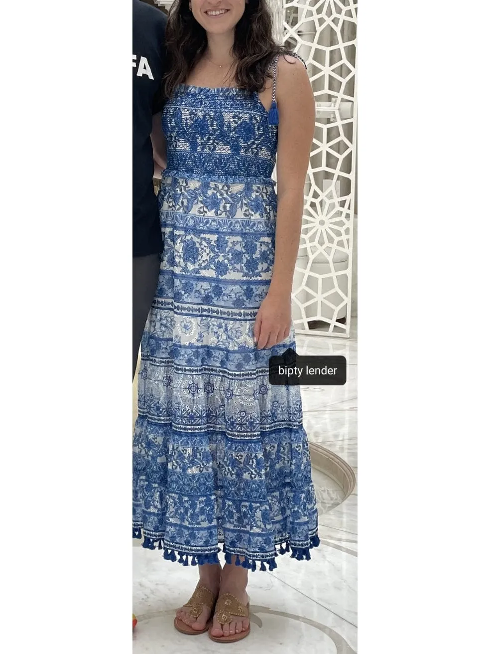 Monnie smocked tiered midi dress in Greek tile