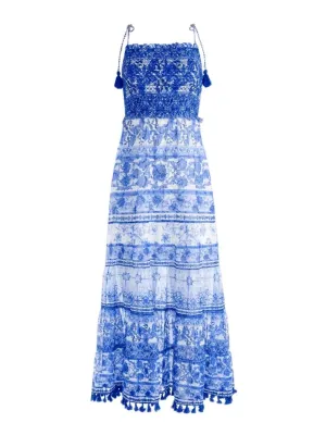 Monnie smocked tiered midi dress in Greek tile