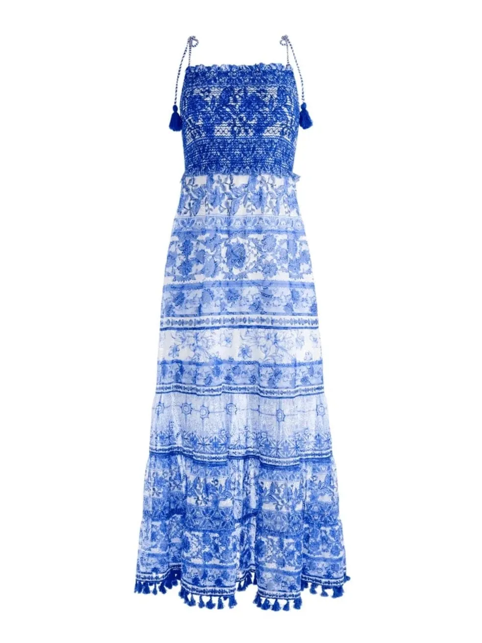 Monnie smocked tiered midi dress in Greek tile