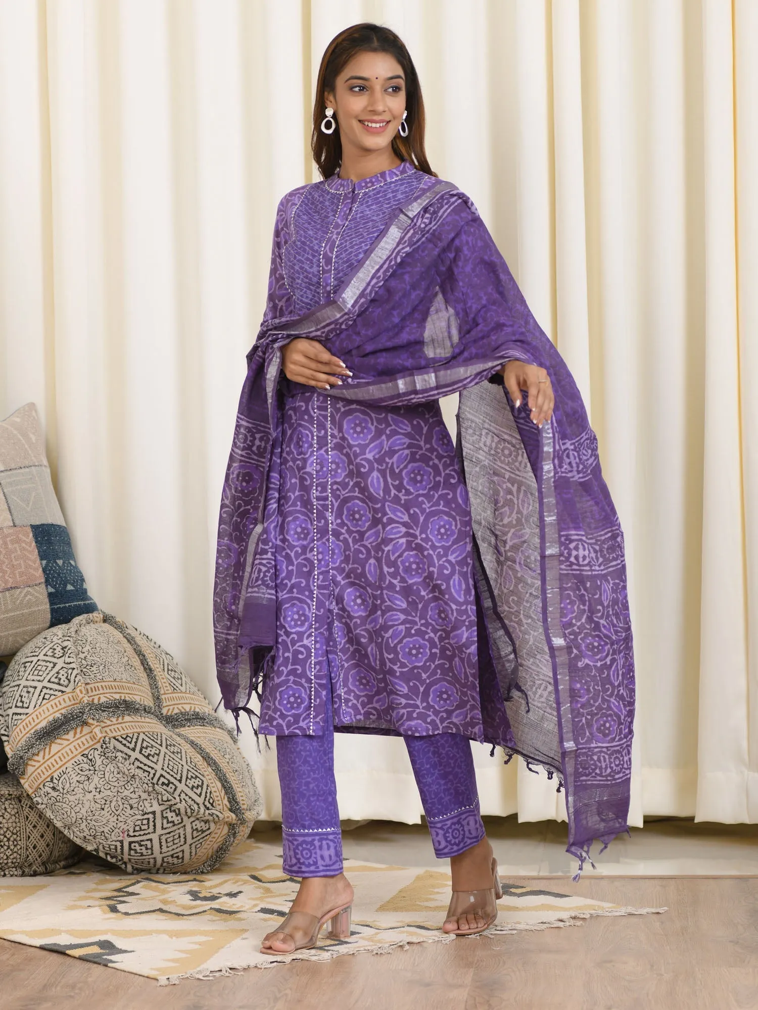 MULMUL AARYA BLOCK PRINTED KURTA-PANTS & DUPATTA SET