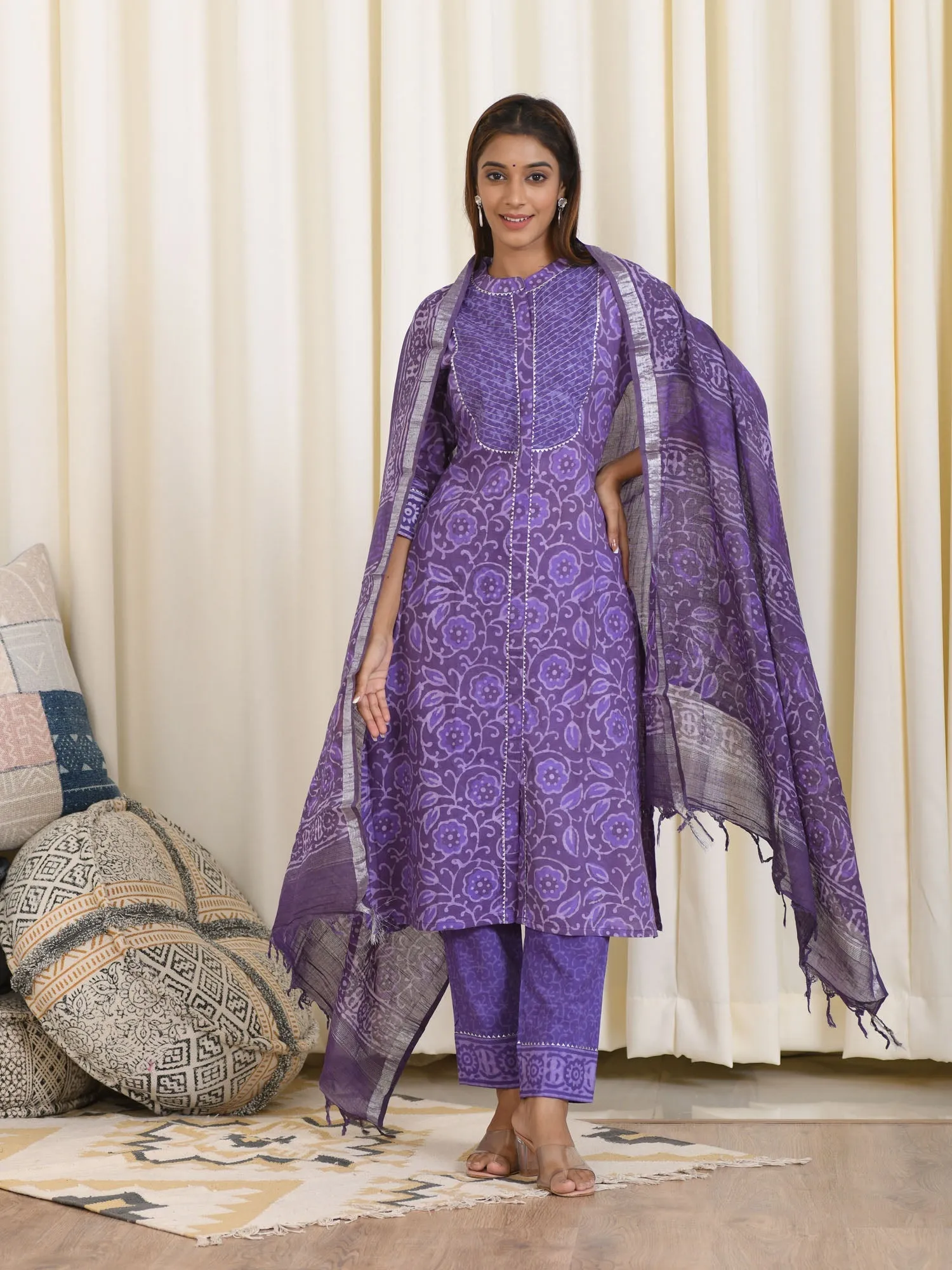 MULMUL AARYA BLOCK PRINTED KURTA-PANTS & DUPATTA SET