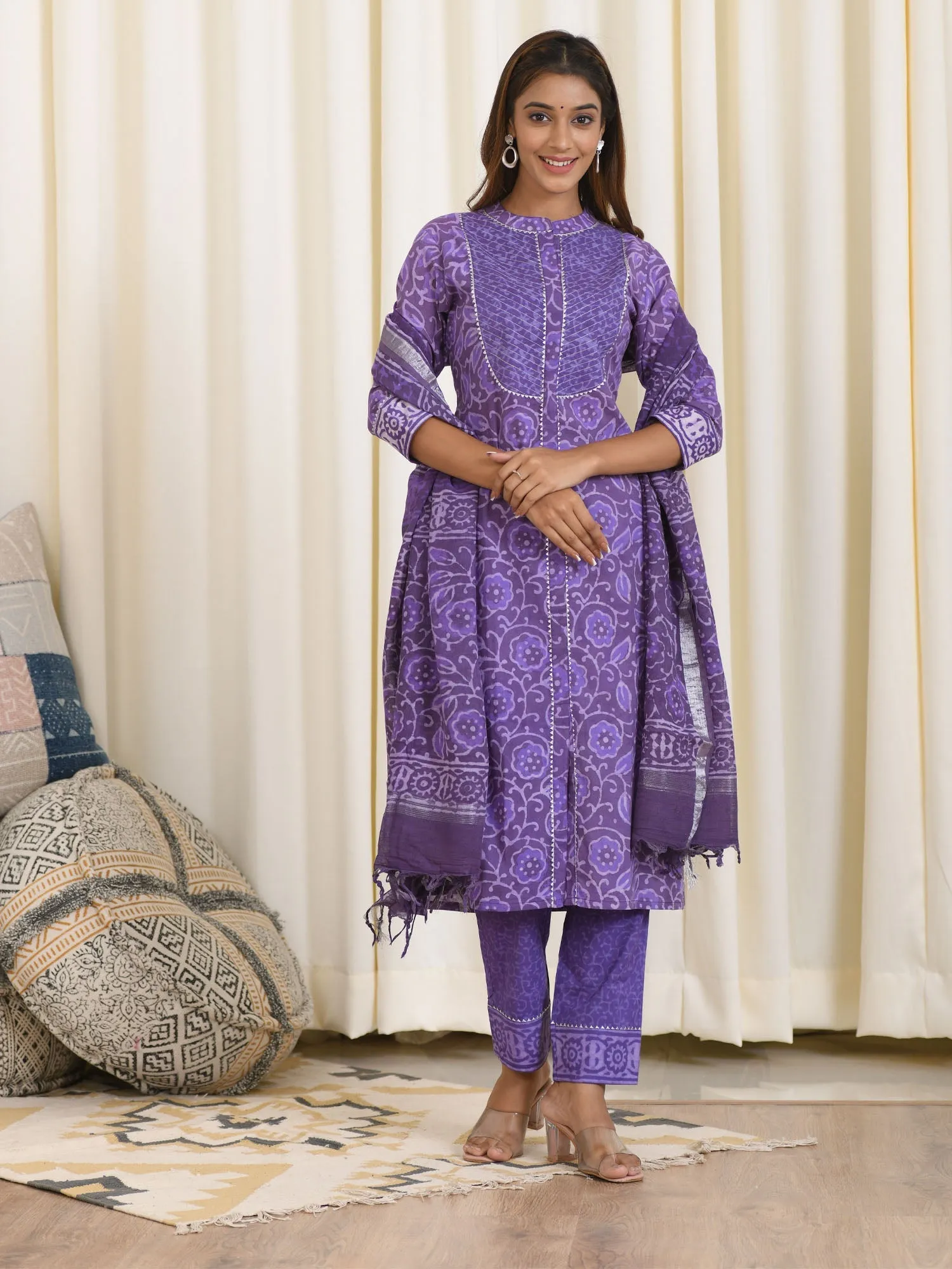 MULMUL AARYA BLOCK PRINTED KURTA-PANTS & DUPATTA SET