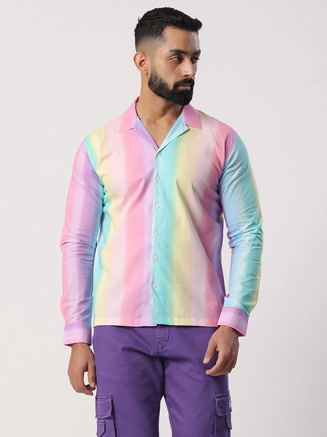 Multi Cuban Collar Full Sleeves Cotton Shirt