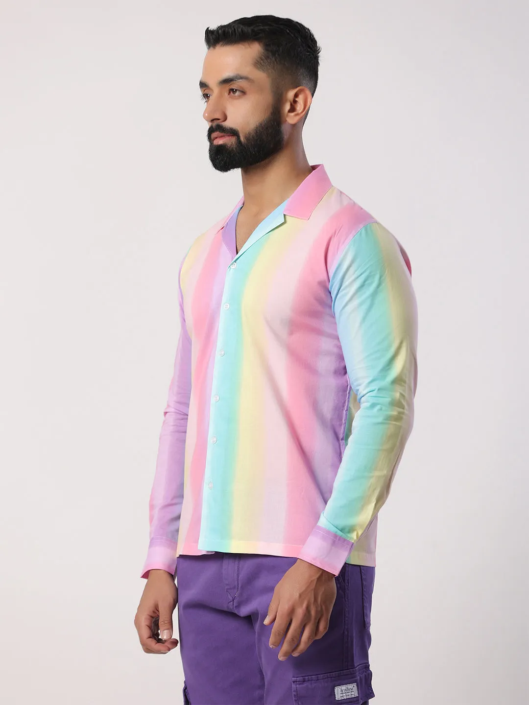 Multi Cuban Collar Full Sleeves Cotton Shirt