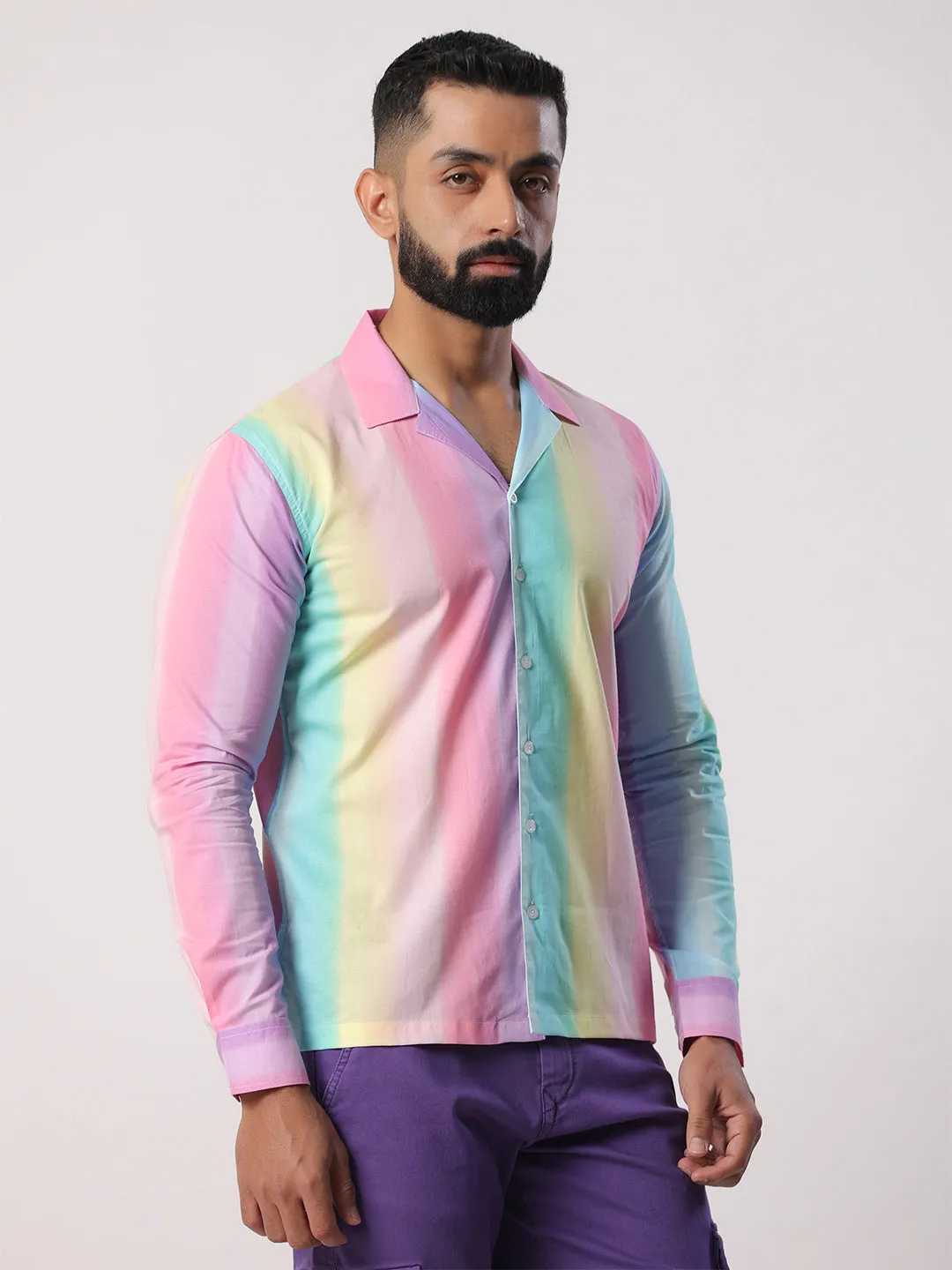 Multi Cuban Collar Full Sleeves Cotton Shirt