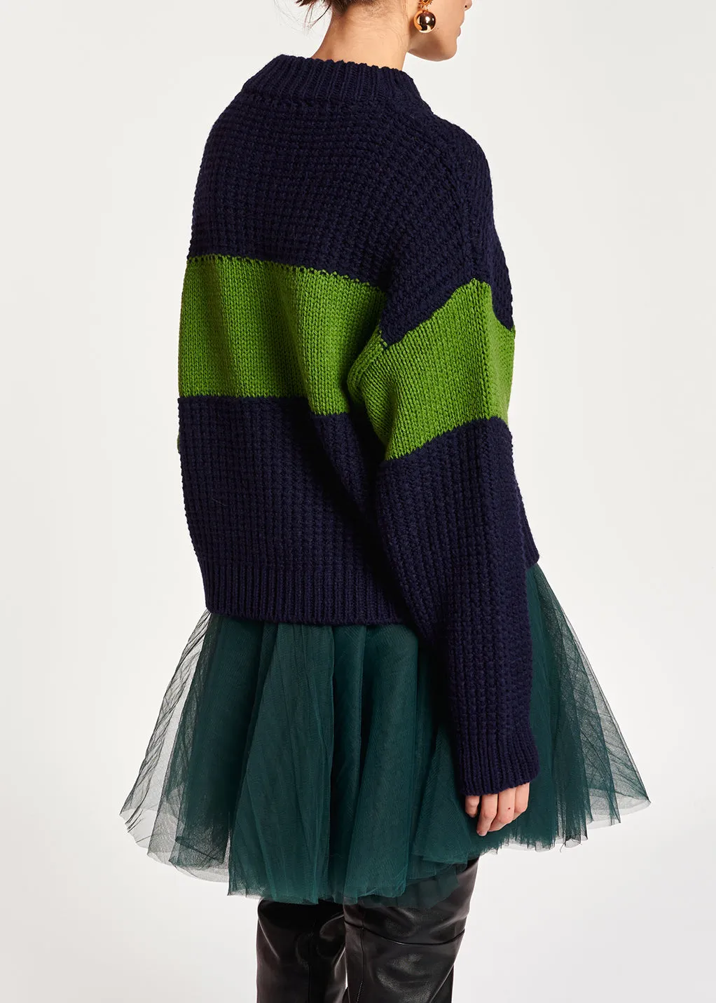 Navy blue and green wool-blend sweater