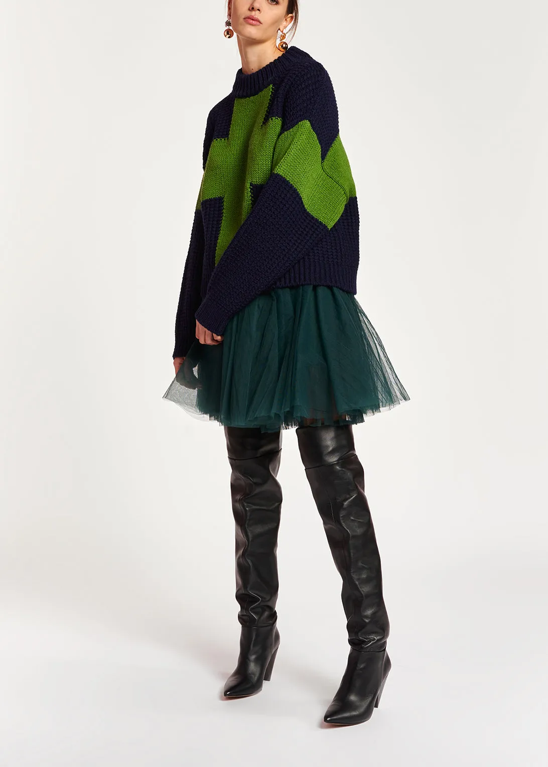 Navy blue and green wool-blend sweater
