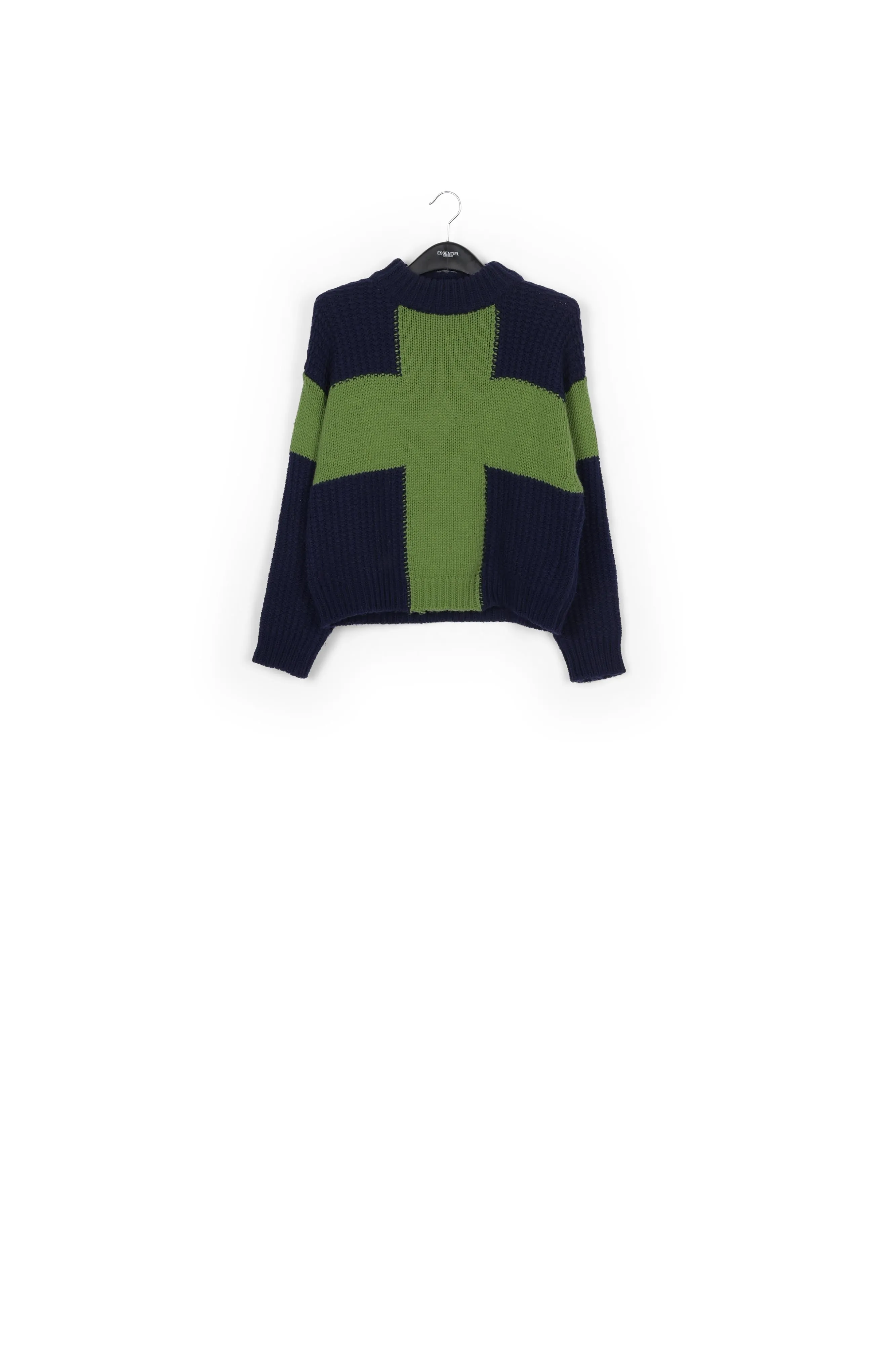 Navy blue and green wool-blend sweater