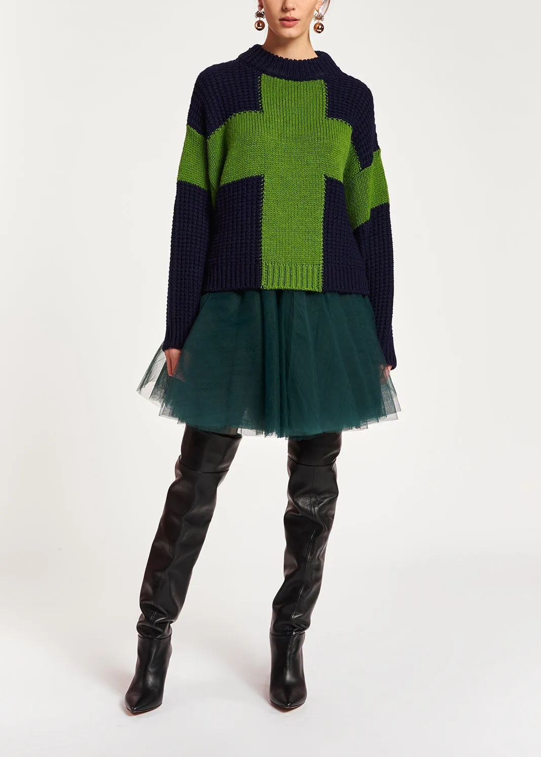 Navy blue and green wool-blend sweater