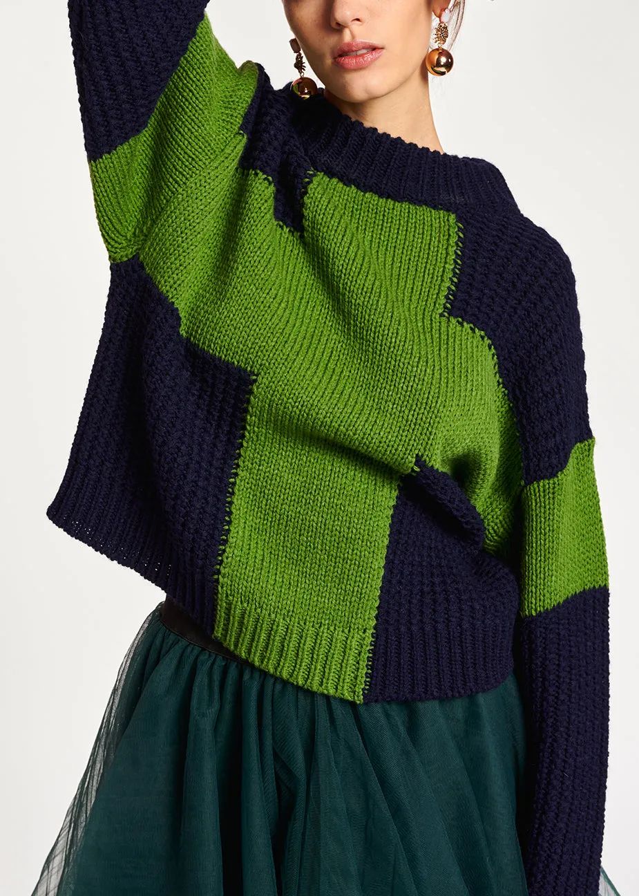Navy blue and green wool-blend sweater