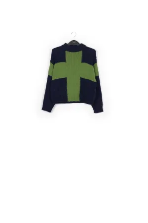 Navy blue and green wool-blend sweater