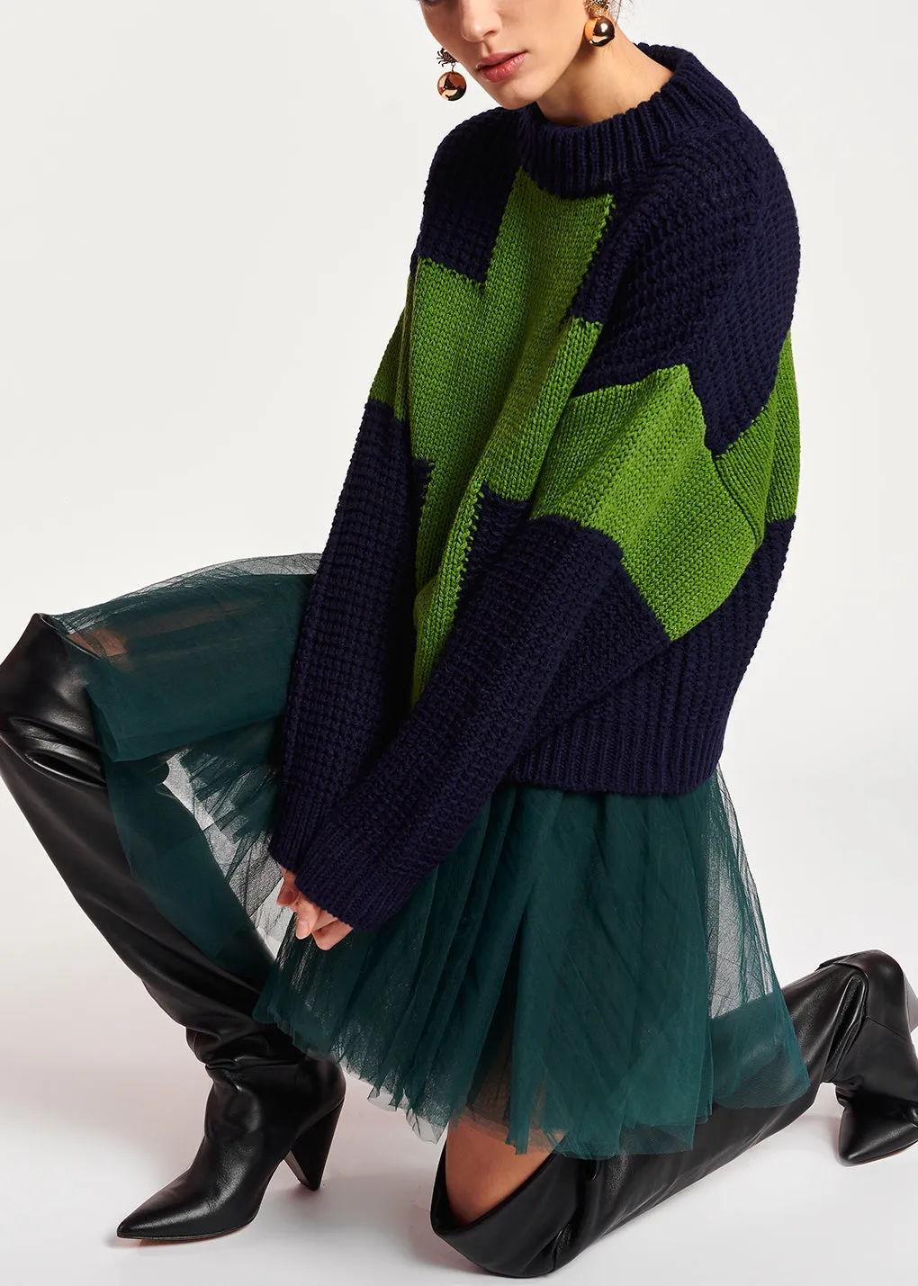 Navy blue and green wool-blend sweater