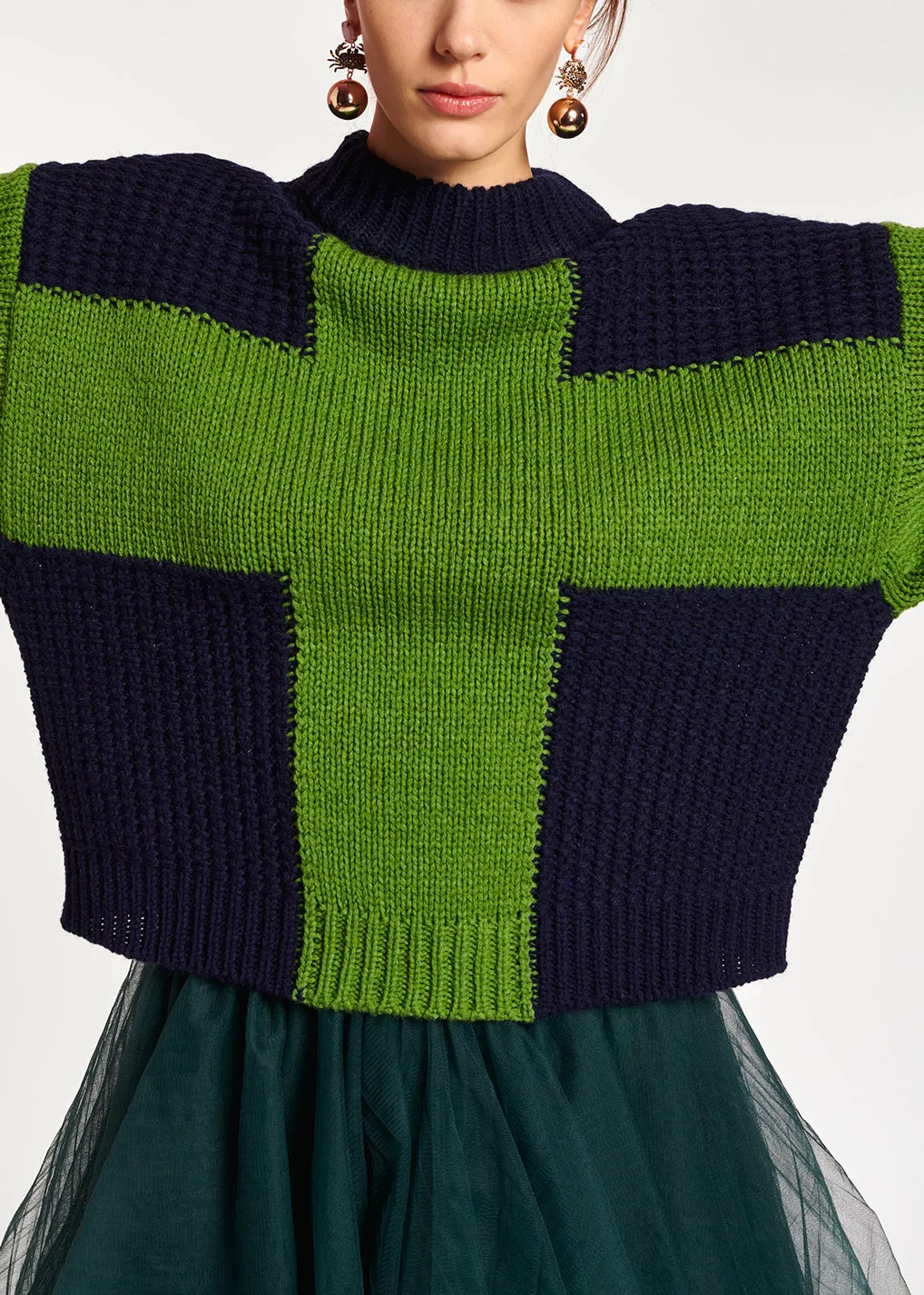 Navy blue and green wool-blend sweater