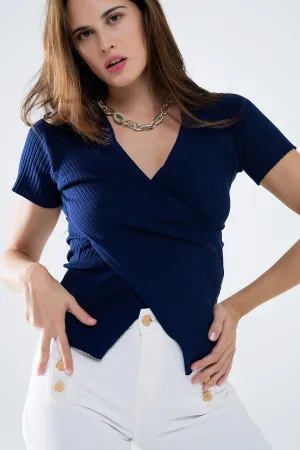 Navy sweater with crossed front and V-neck