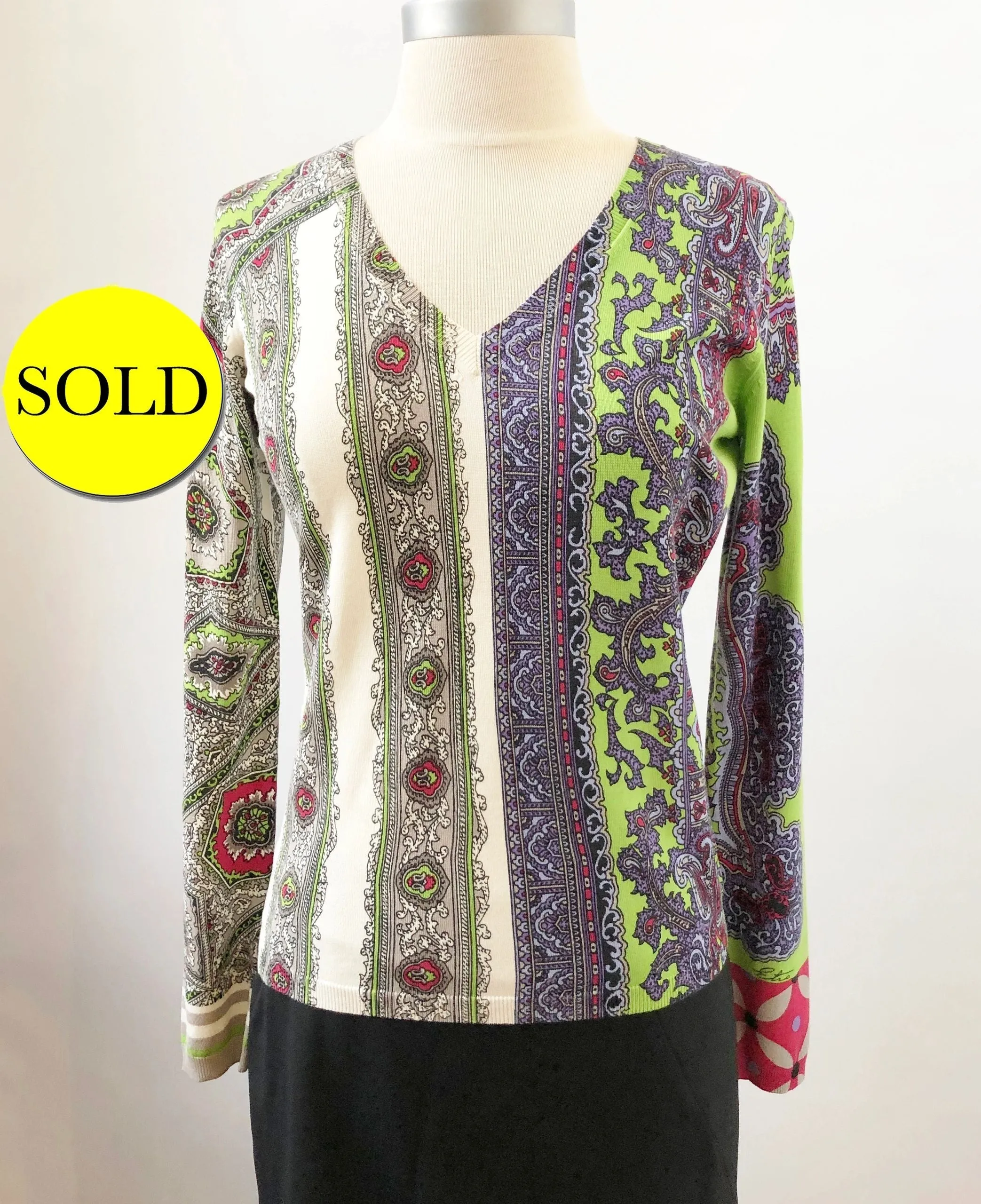 NEW Etro Silk Patterned V-Neck Sweater Size 42 It (S / 6 Us)