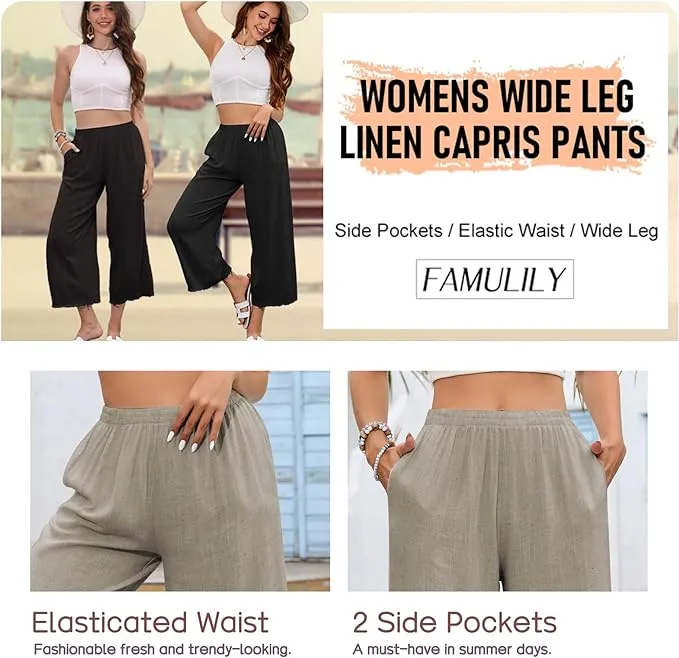 NEW Famulily Womens Wide Leg Linen Capri Pants Summer Beach Elastic Cropped Pant with Side Pockets, Sz M