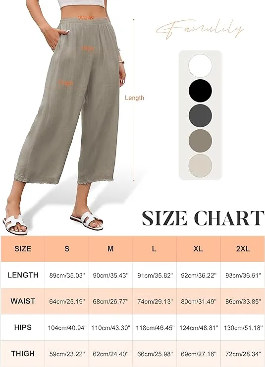 NEW Famulily Womens Wide Leg Linen Capri Pants Summer Beach Elastic Cropped Pant with Side Pockets, Sz M