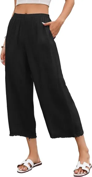 NEW Famulily Womens Wide Leg Linen Capri Pants Summer Beach Elastic Cropped Pant with Side Pockets, Sz M
