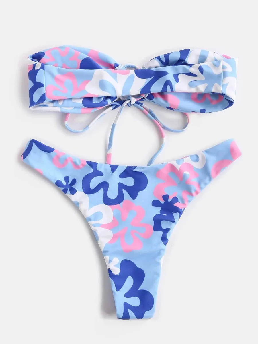 New Shein Floral Print Tie Front Bandeau Bikini Swimsuit, Sz XS