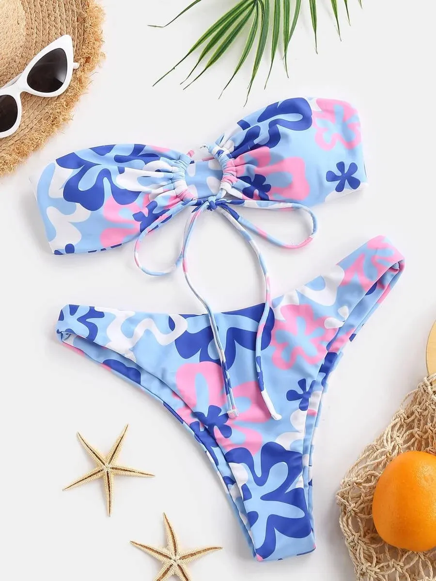 New Shein Floral Print Tie Front Bandeau Bikini Swimsuit, Sz XS