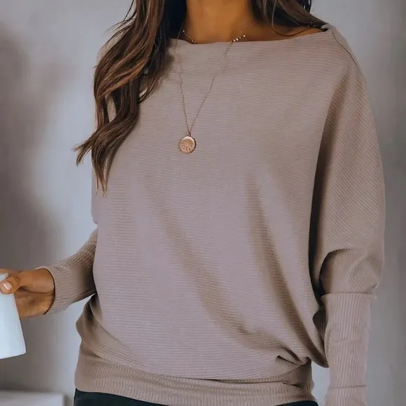 New Women Knit off shoulder camel loose tops shirt
