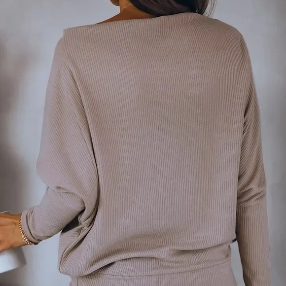 New Women Knit off shoulder camel loose tops shirt