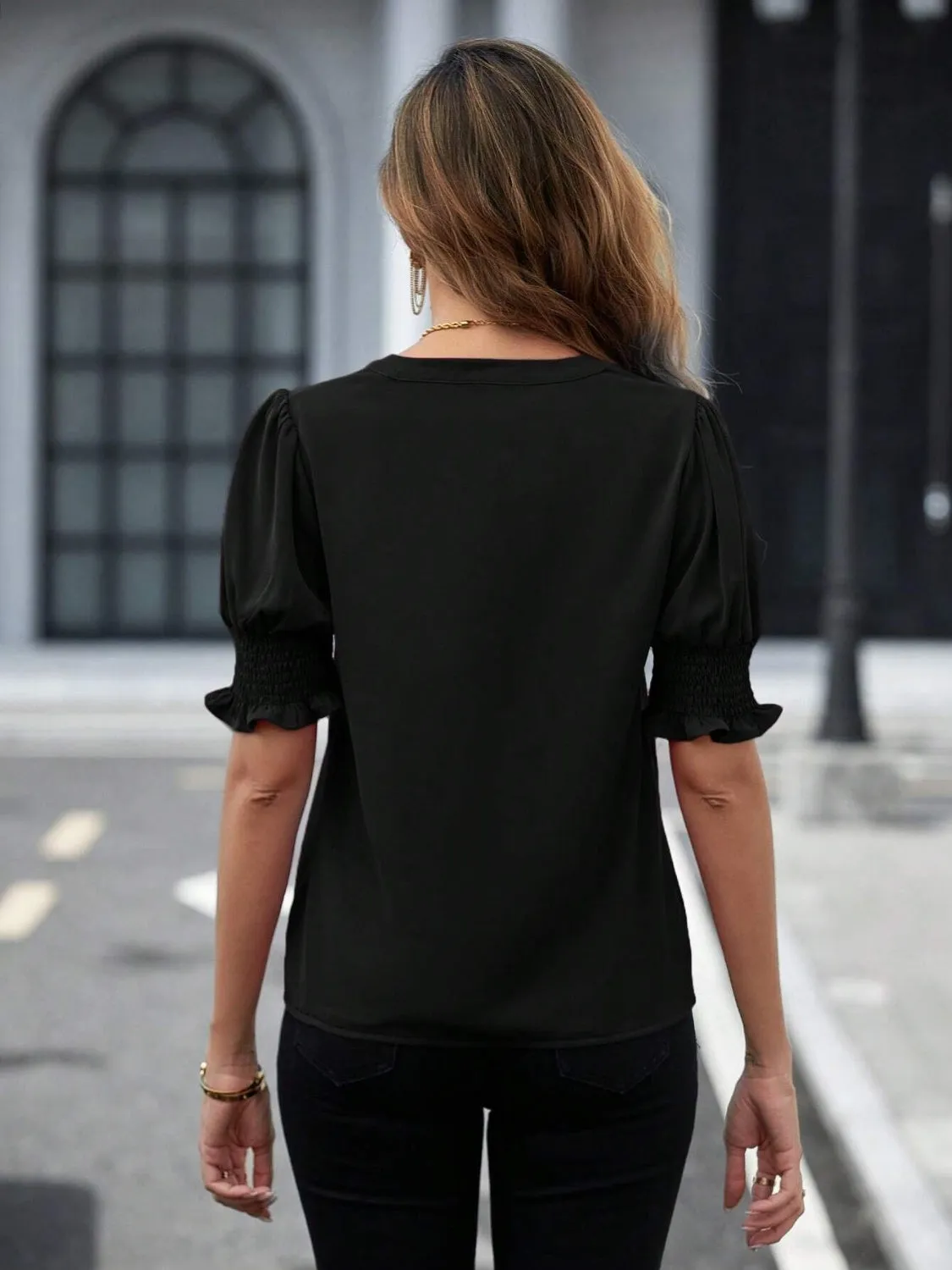 Notched Short Sleeve Blouse (7 Colors)