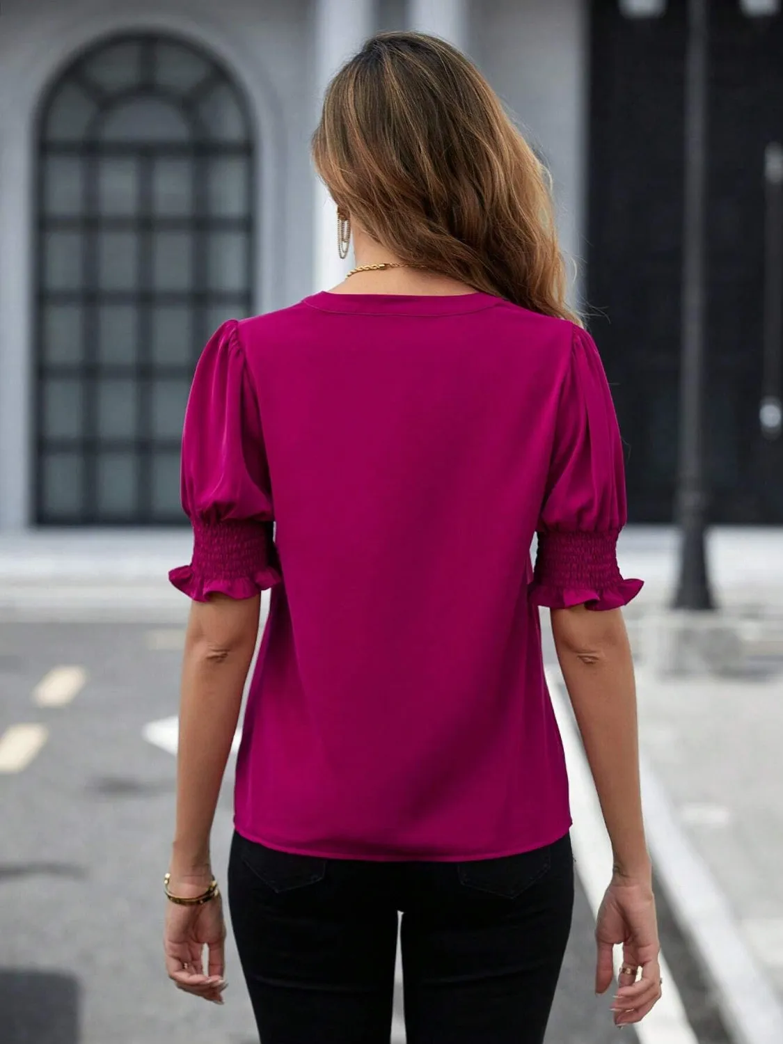 Notched Short Sleeve Blouse (7 Colors)