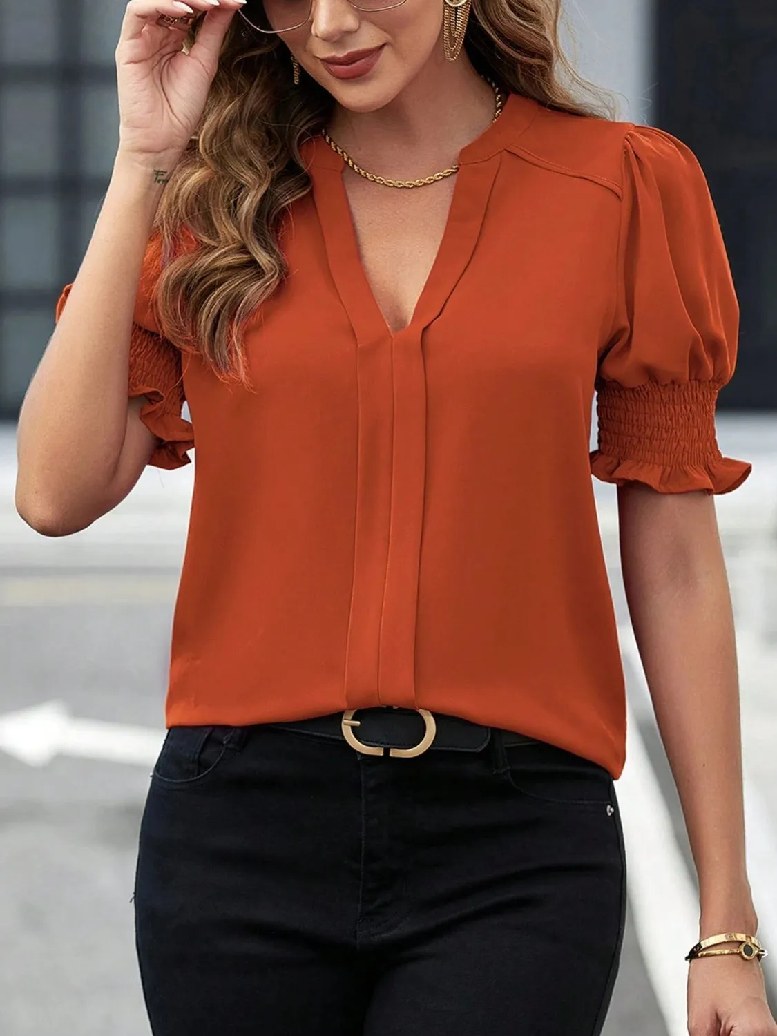 Notched Short Sleeve Blouse (7 Colors)