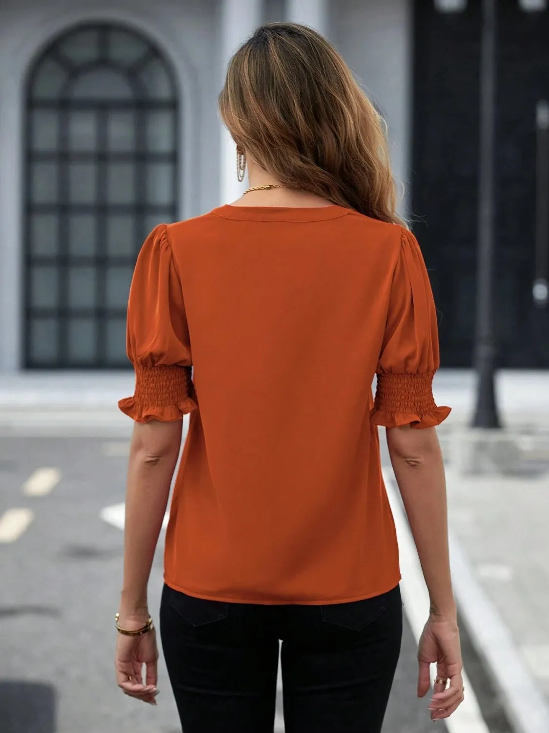 Notched Short Sleeve Blouse (7 Colors)