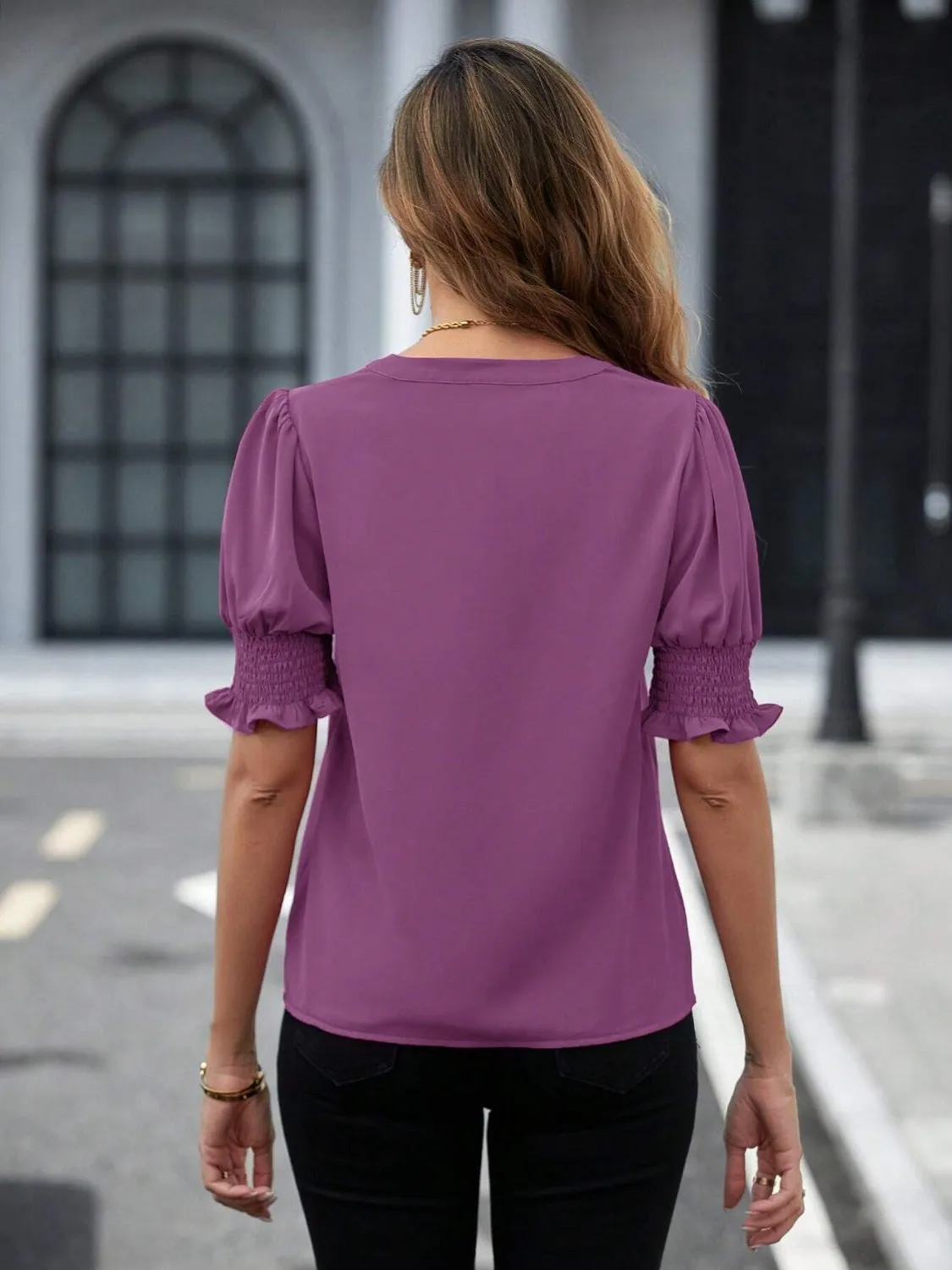 Notched Short Sleeve Blouse (7 Colors)