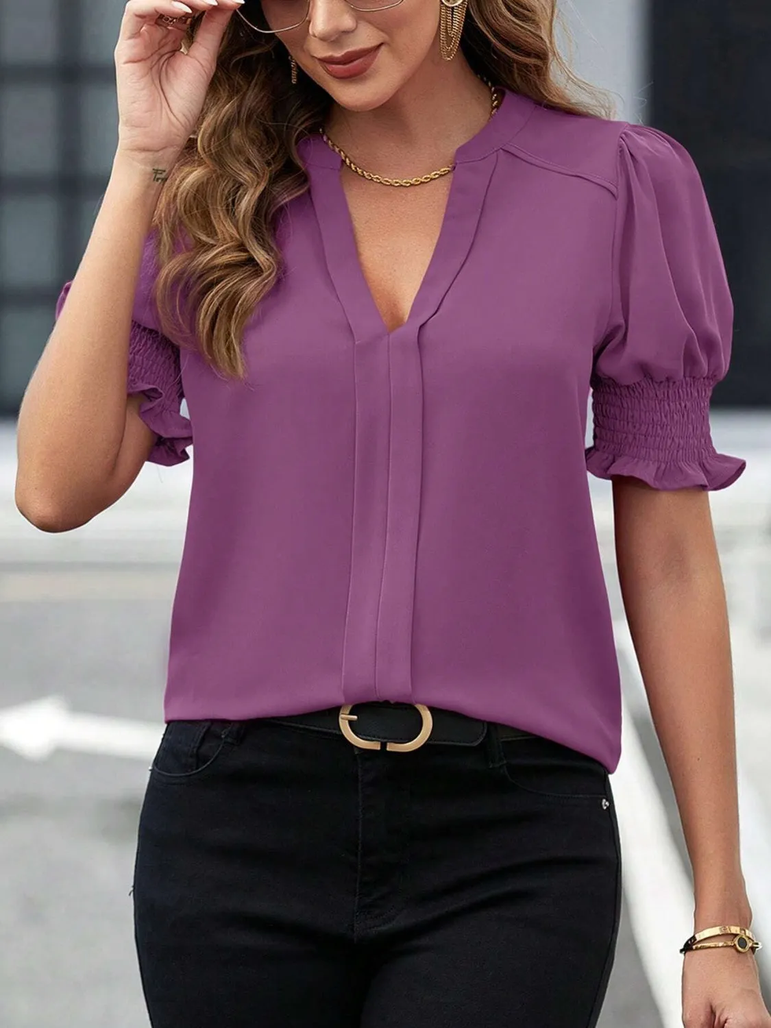Notched Short Sleeve Blouse (7 Colors)