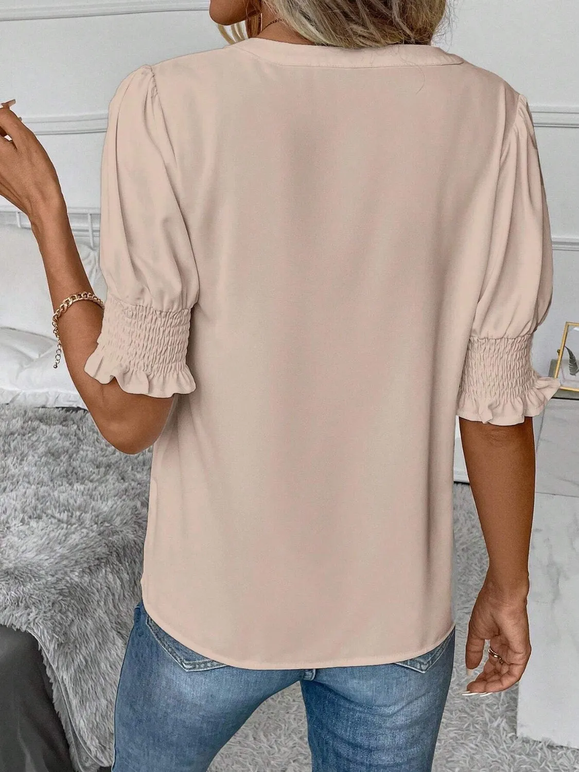 Notched Short Sleeve Blouse (7 Colors)