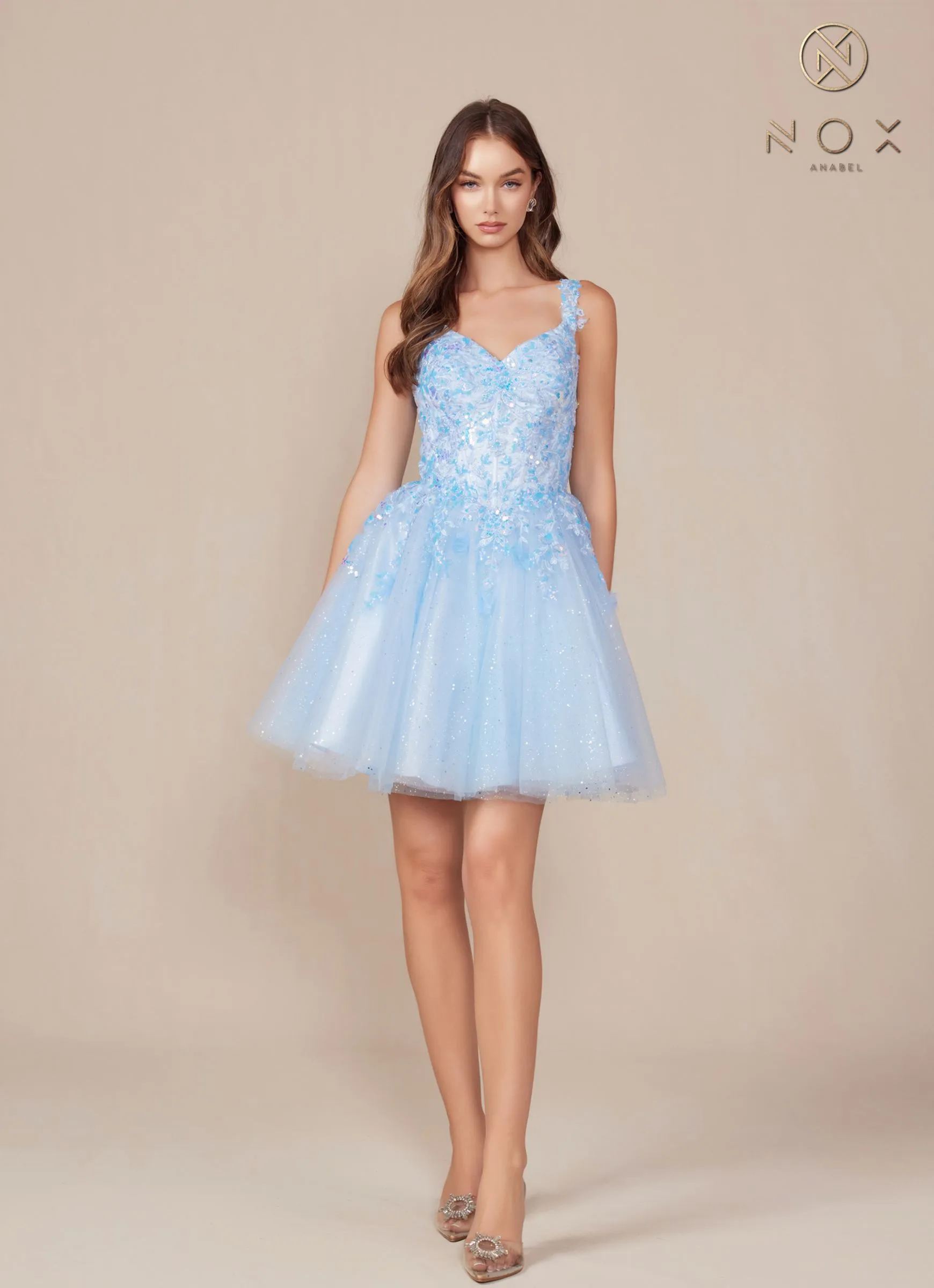Nox Anabel H846 Short Glitter Sequin Applique A-Line Dress