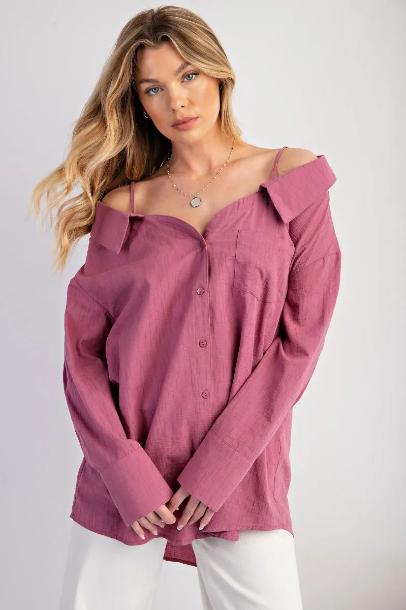 Off Shoulder Button Down Top