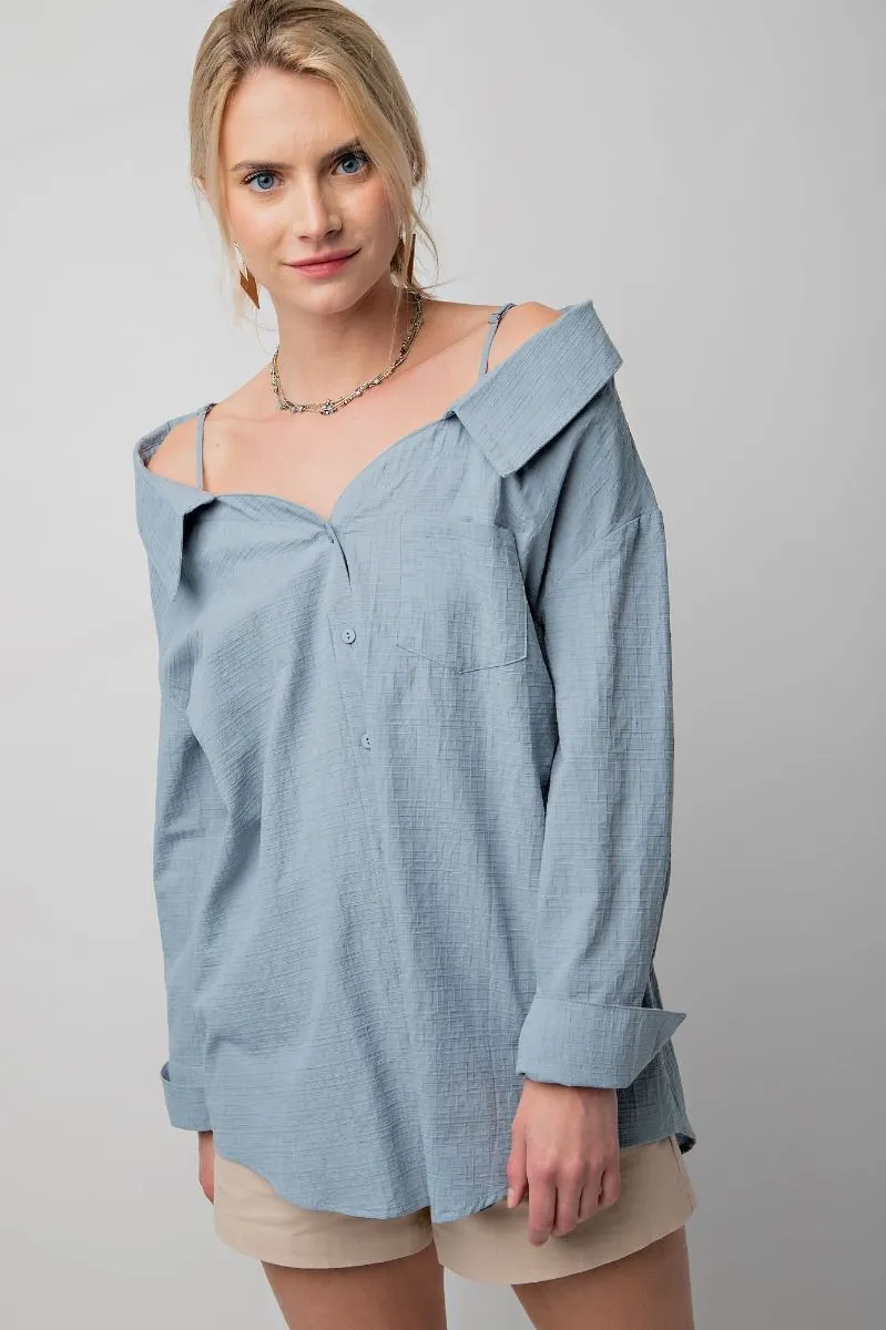 Off Shoulder Button Down Top