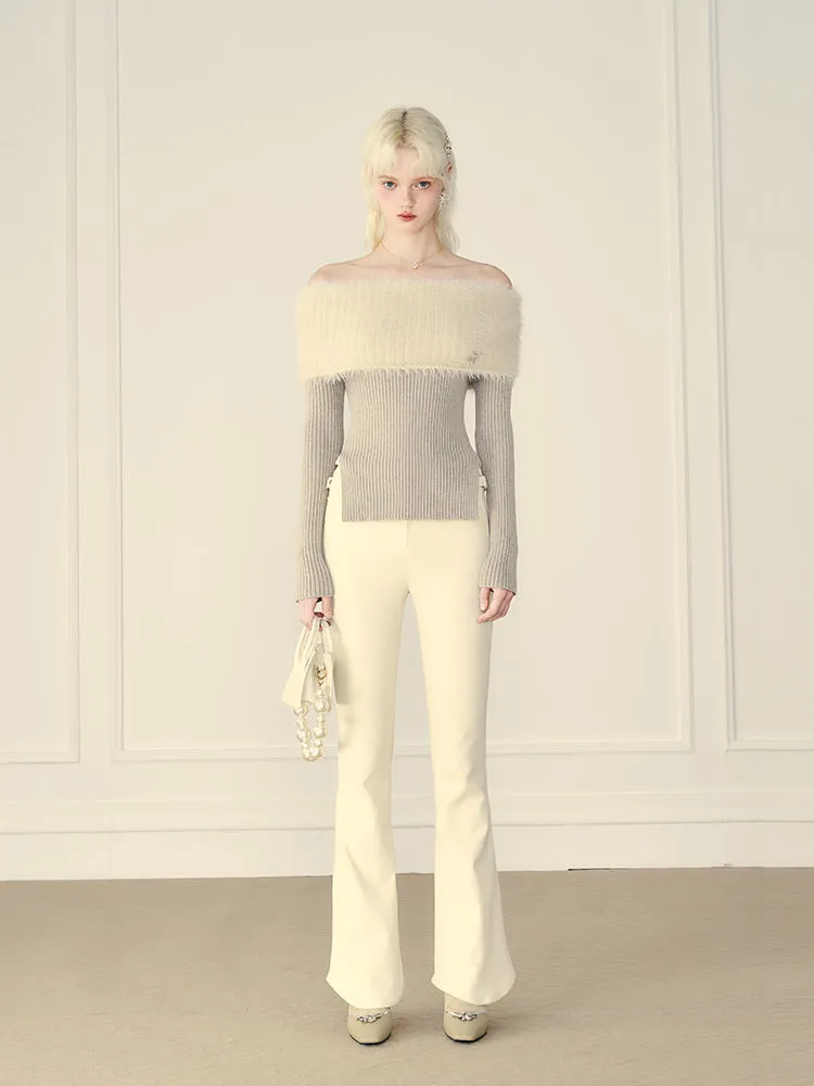 Off-shoulder Side-slit Fur Rib-knit