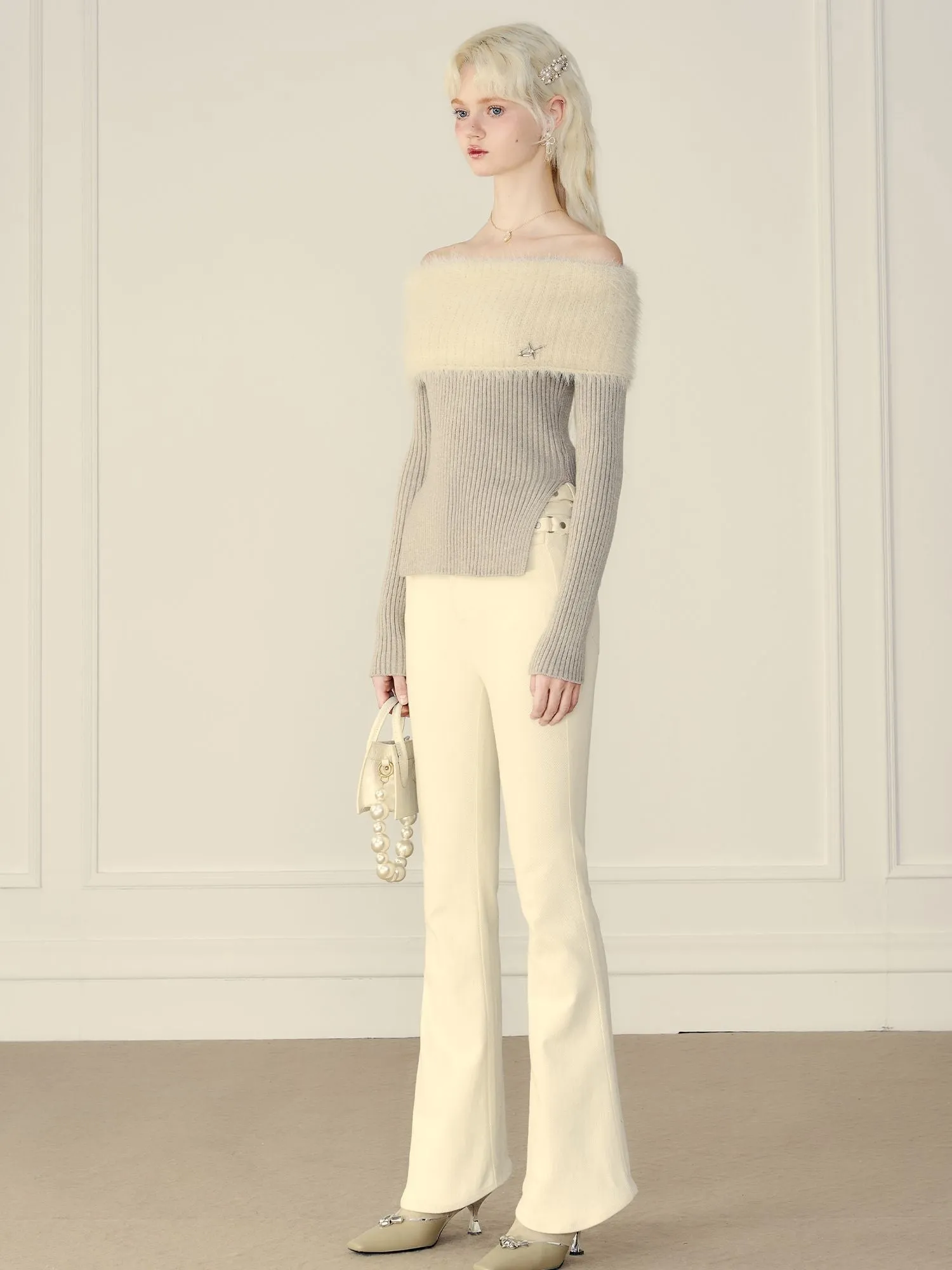 Off-shoulder Side-slit Fur Rib-knit