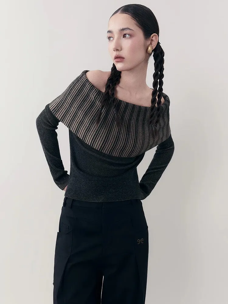Off-Shoulder Stripe Long-Tie Retro Knit