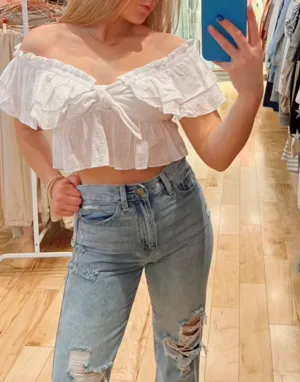 Off Shoulder Tie Front Crop Top