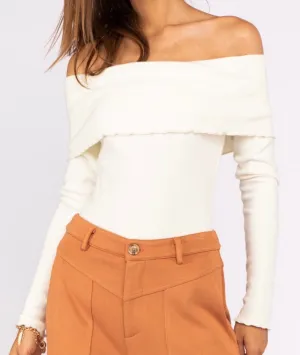 Off The Shoulder Foldover Long Sleeve Ribbed Thong Bodysuit