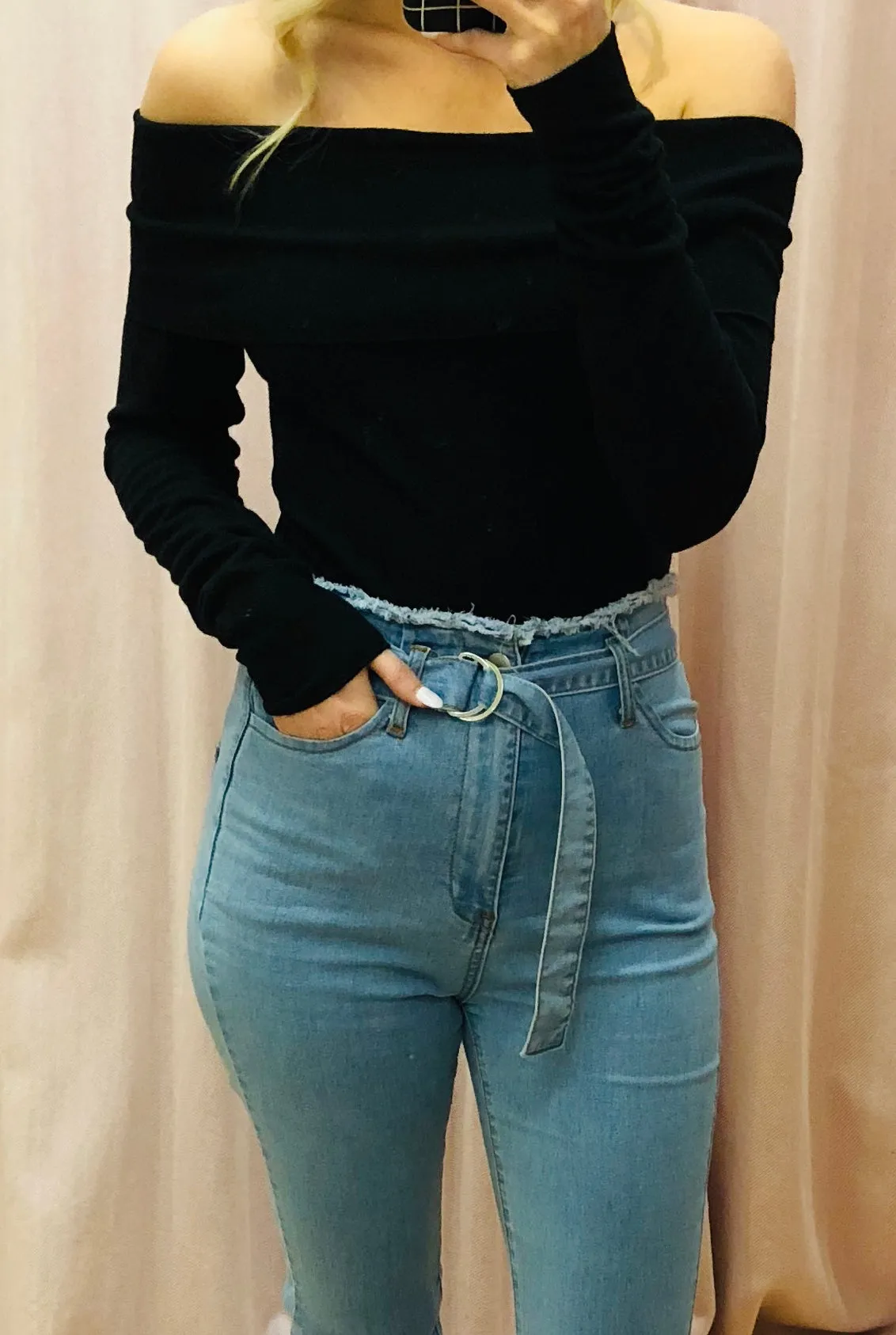 Off The Shoulder Foldover Long Sleeve Ribbed Thong Bodysuit