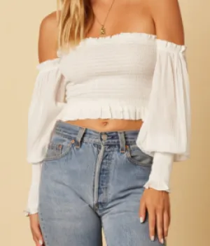 Off The Shoulder Smocked Ruffle Trim Peasant Sleeve Crop Top