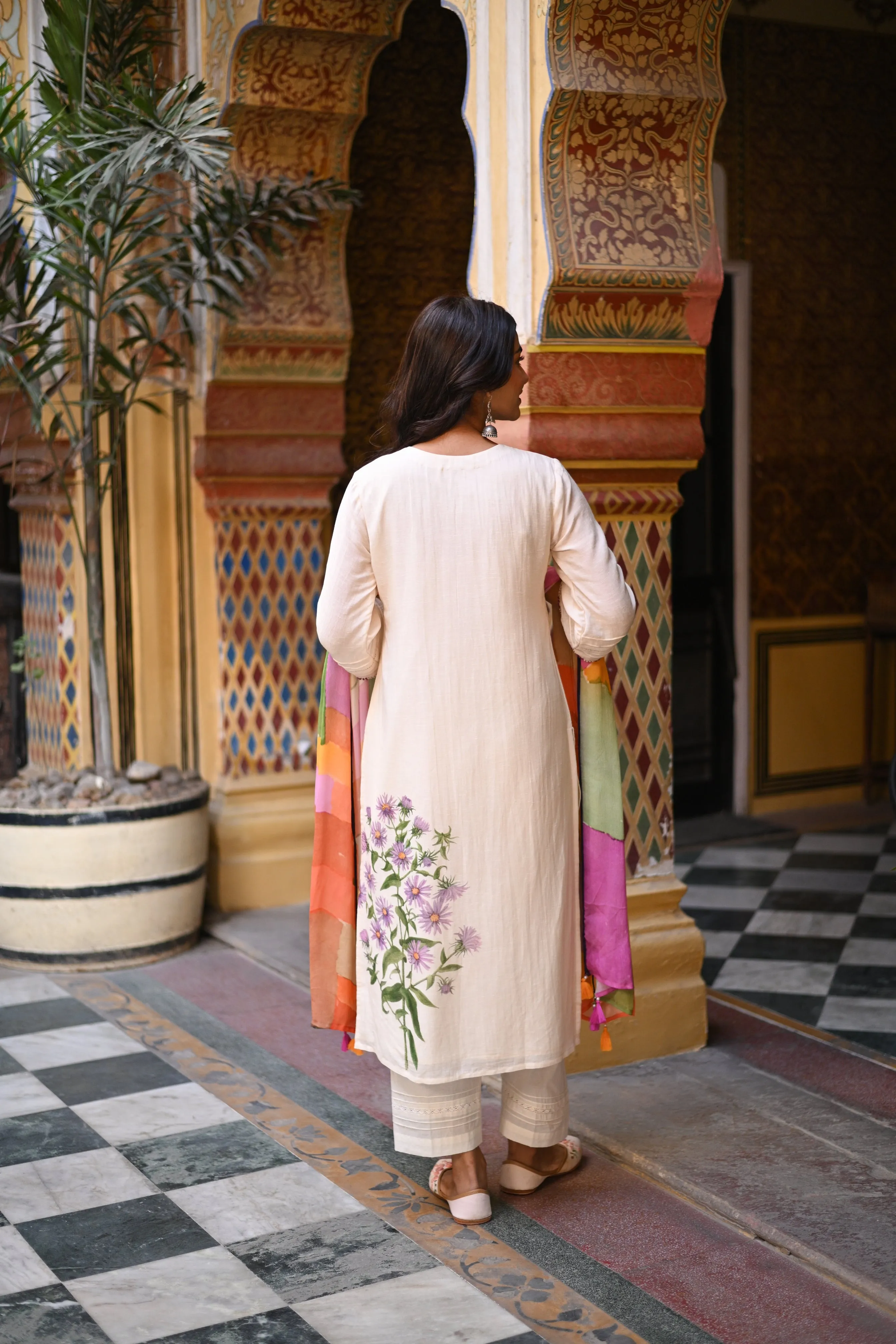 Off White Pure Linen Floral Print Placement Suit set with Multicoloured Dupatta