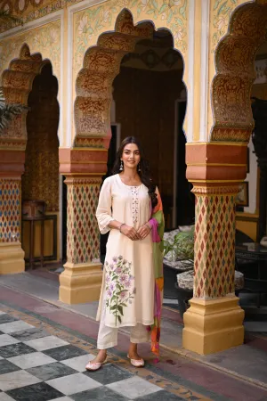 Off White Pure Linen Floral Print Placement Suit set with Multicoloured Dupatta