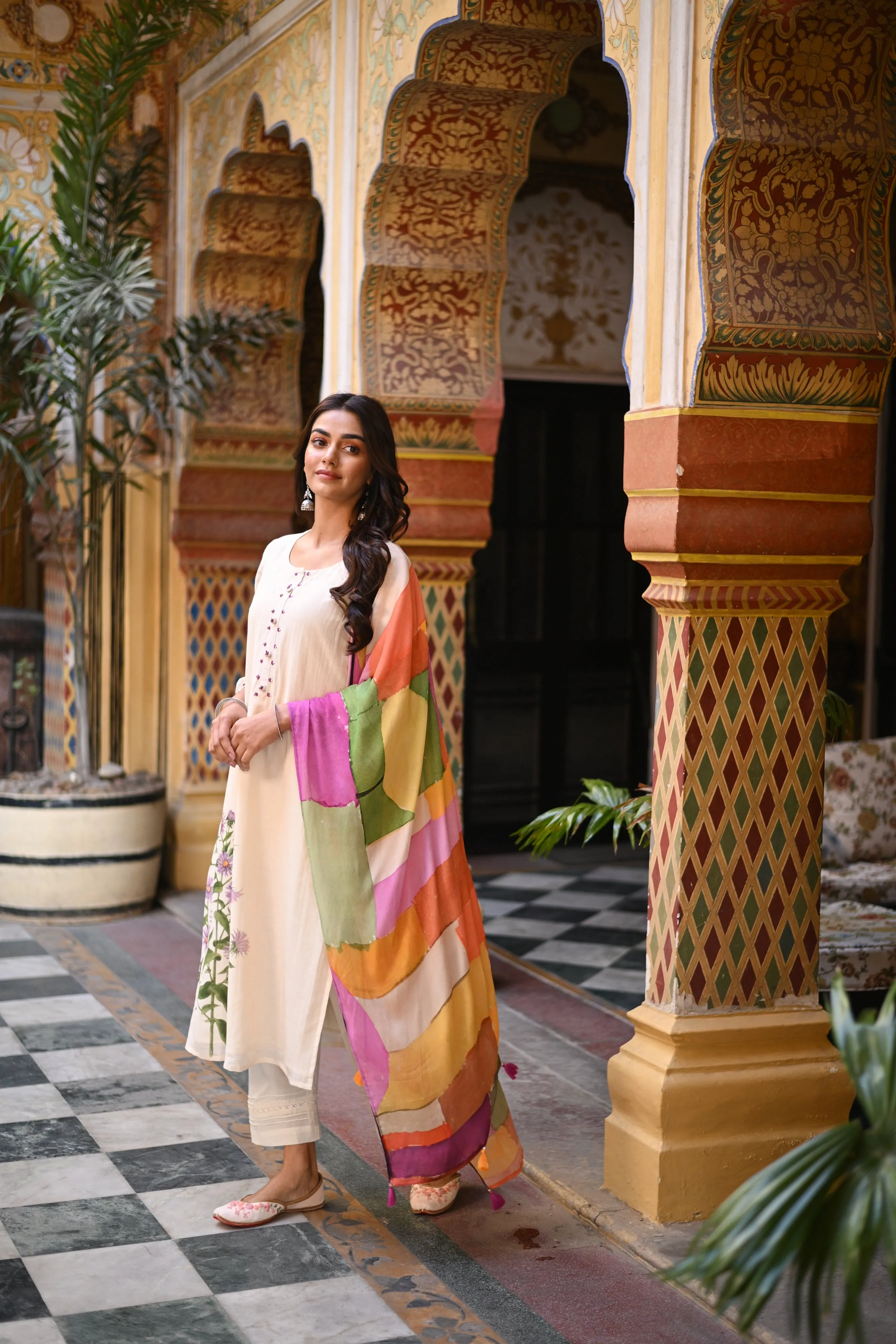 Off White Pure Linen Floral Print Placement Suit set with Multicoloured Dupatta