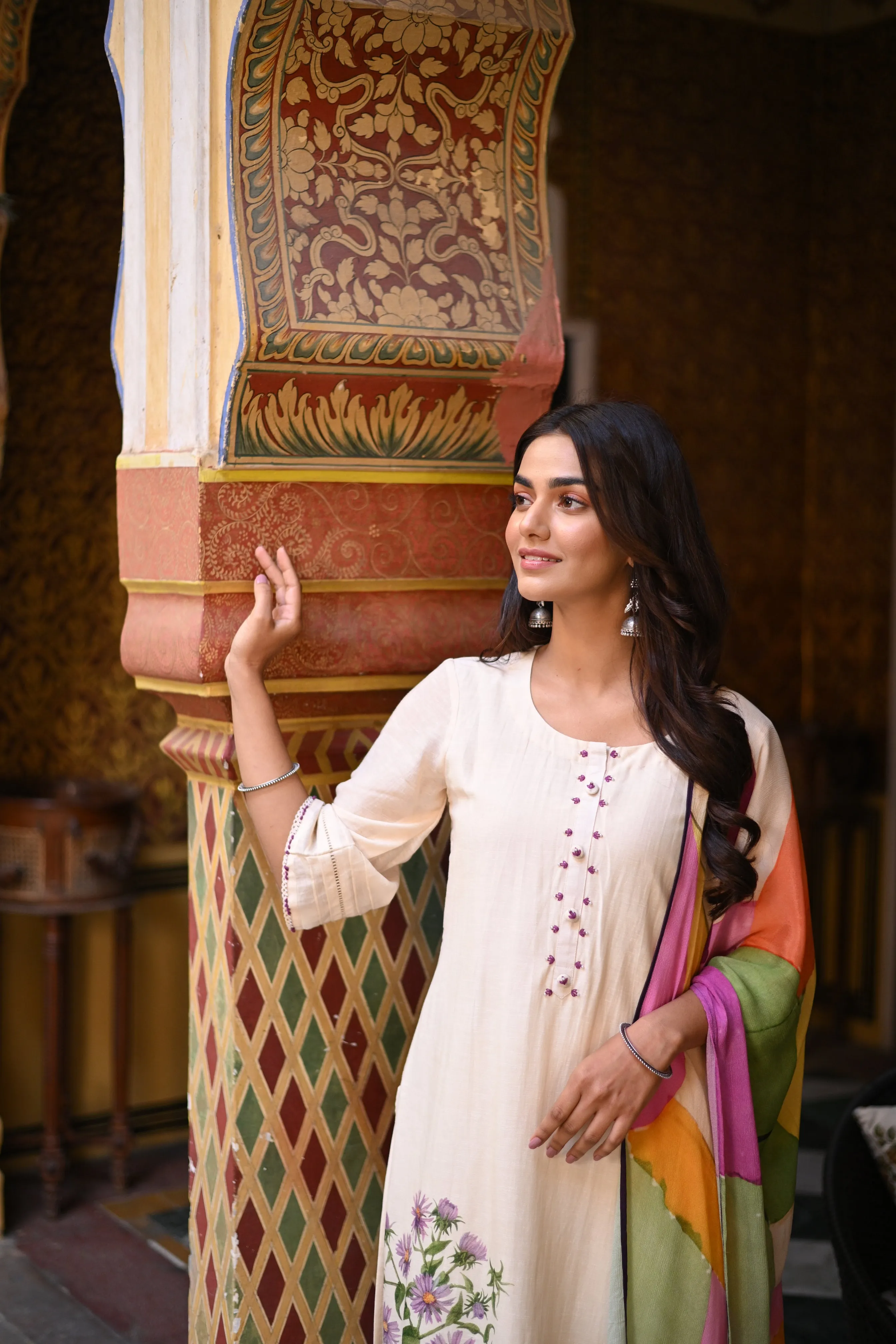 Off White Pure Linen Floral Print Placement Suit set with Multicoloured Dupatta